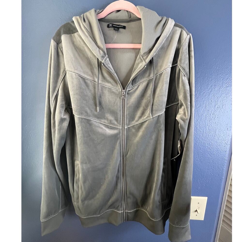 INC International Concepts gray velour track jacket zip up hoodie Mens Large NWT
